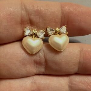 Gold Pearl Heart Stud Earrings with Crystal Accents - Women Jewelry